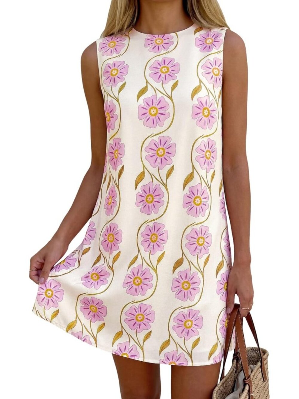 Sleeveless A-Line Mini Dress with Pockets, Lightweight Floral Summer Dress